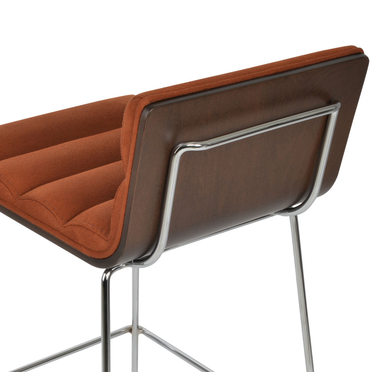 Corona Comfort Handle Back Wire Stool by SohoConcept, showing closeup view of corona comfort handle back wire stool in chrome wire/american walnut veneer plywood/nubuck cognac fabric.