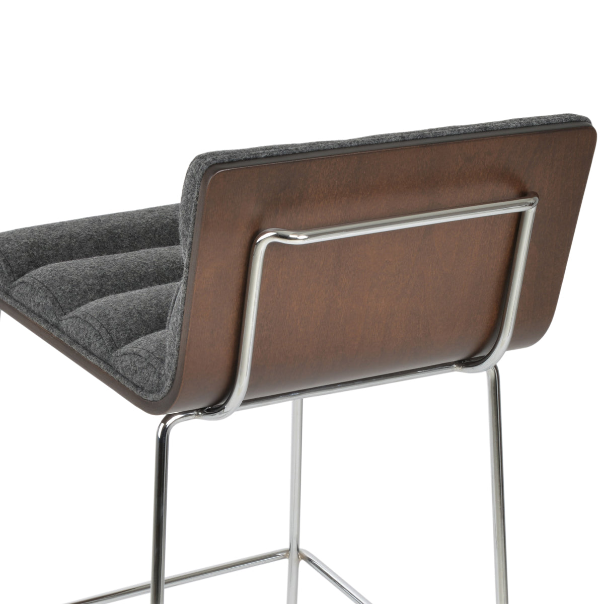Corona Comfort Handle Back Wire Stool by SohoConcept, showing closeup view of corona comfort handle back wire stool in chrome wire/american walnut veneer plywood/camira blazer dark grey wool.