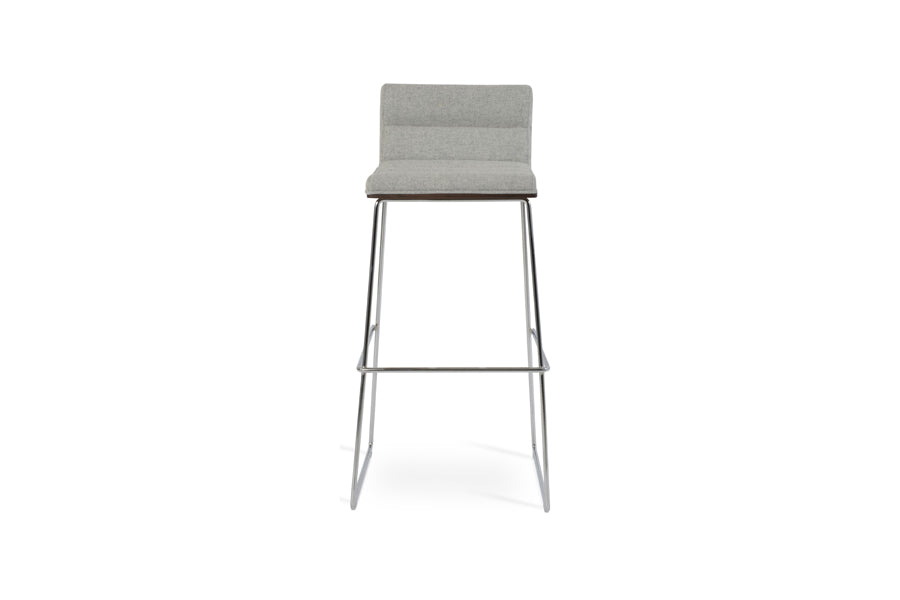 Corona Comfort Handle Back Wire Stool by SohoConcept, showing front view of corona comfort handle back wire stool in chrome wire/american walnut veneer plywood/camira blazer silver wool.