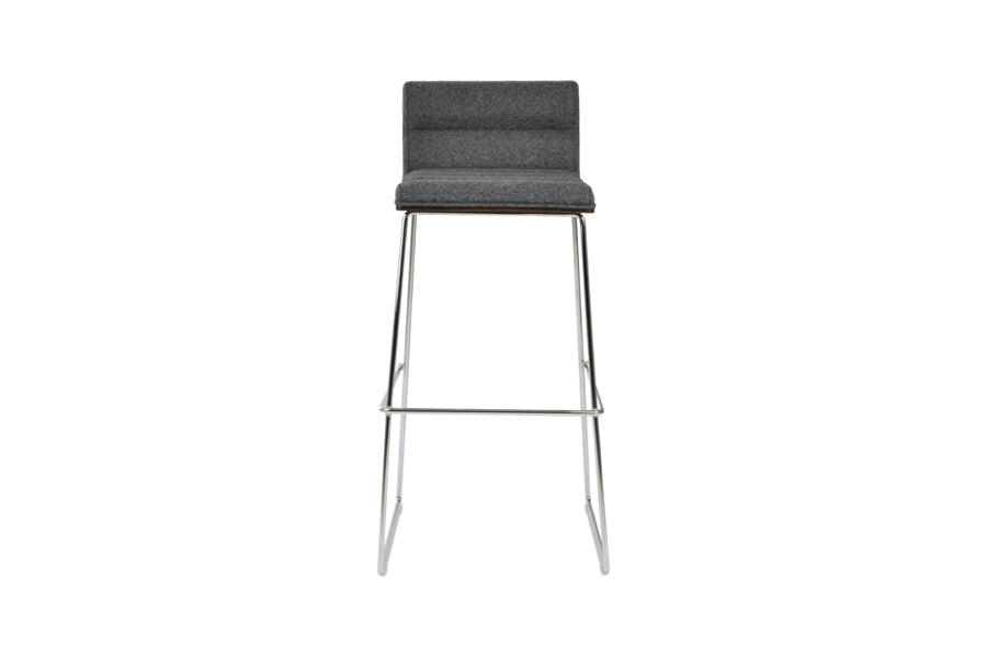 Corona Comfort Handle Back Wire Stool by SohoConcept, showing front view of corona comfort handle back wire stool in chrome wire/american walnut veneer plywood/camira blazer dark grey wool.