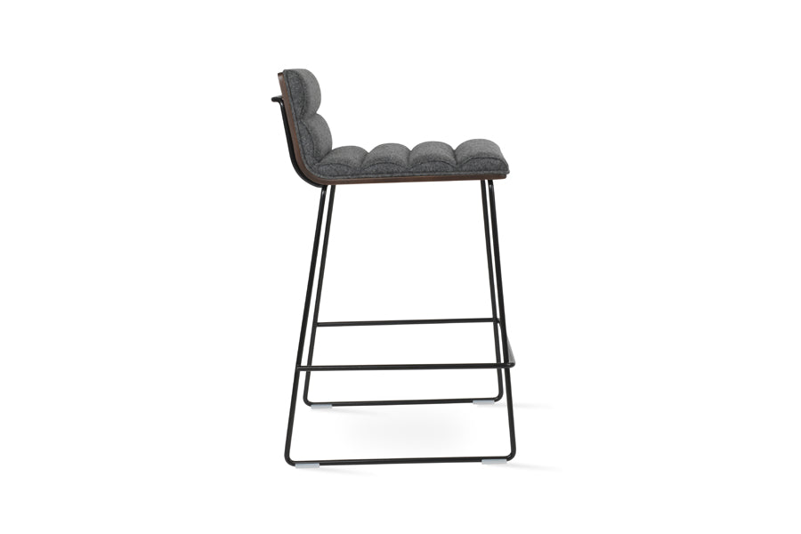 Corona Comfort Handle Back Wire Stool by SohoConcept, showing side view of corona comfort handle back wire stool in black wire/american walnut veneer plywood/camira blazer dark grey wool.