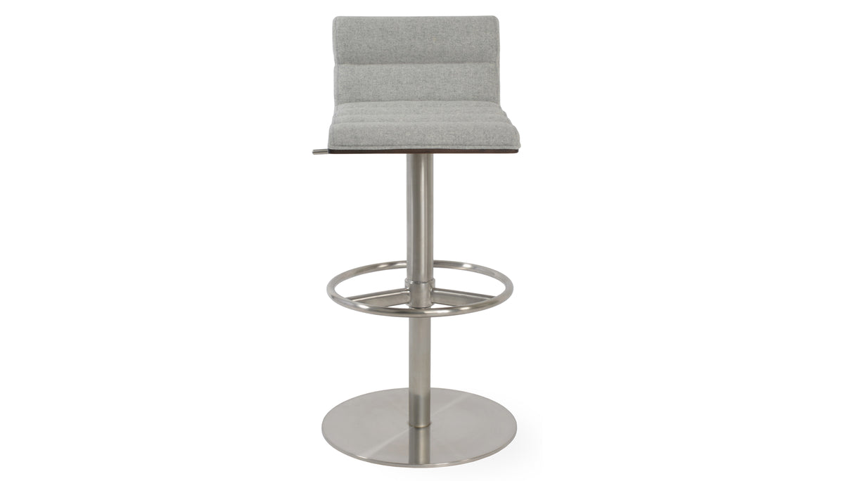 Corona Comfort Piston Stool by SohoConcept, showing front view of corona comfort piston stool in round full footrest/brushed stainless steel/camira blazer silver wool.