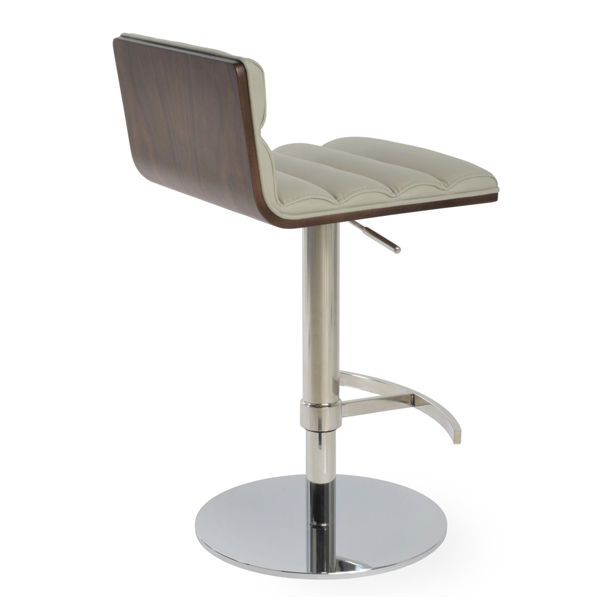 Corona Comfort Piston Stool by SohoConcept, showing back view of corona comfort piston stool in round t-footrest/polished stainless steel/light grey leatherette.