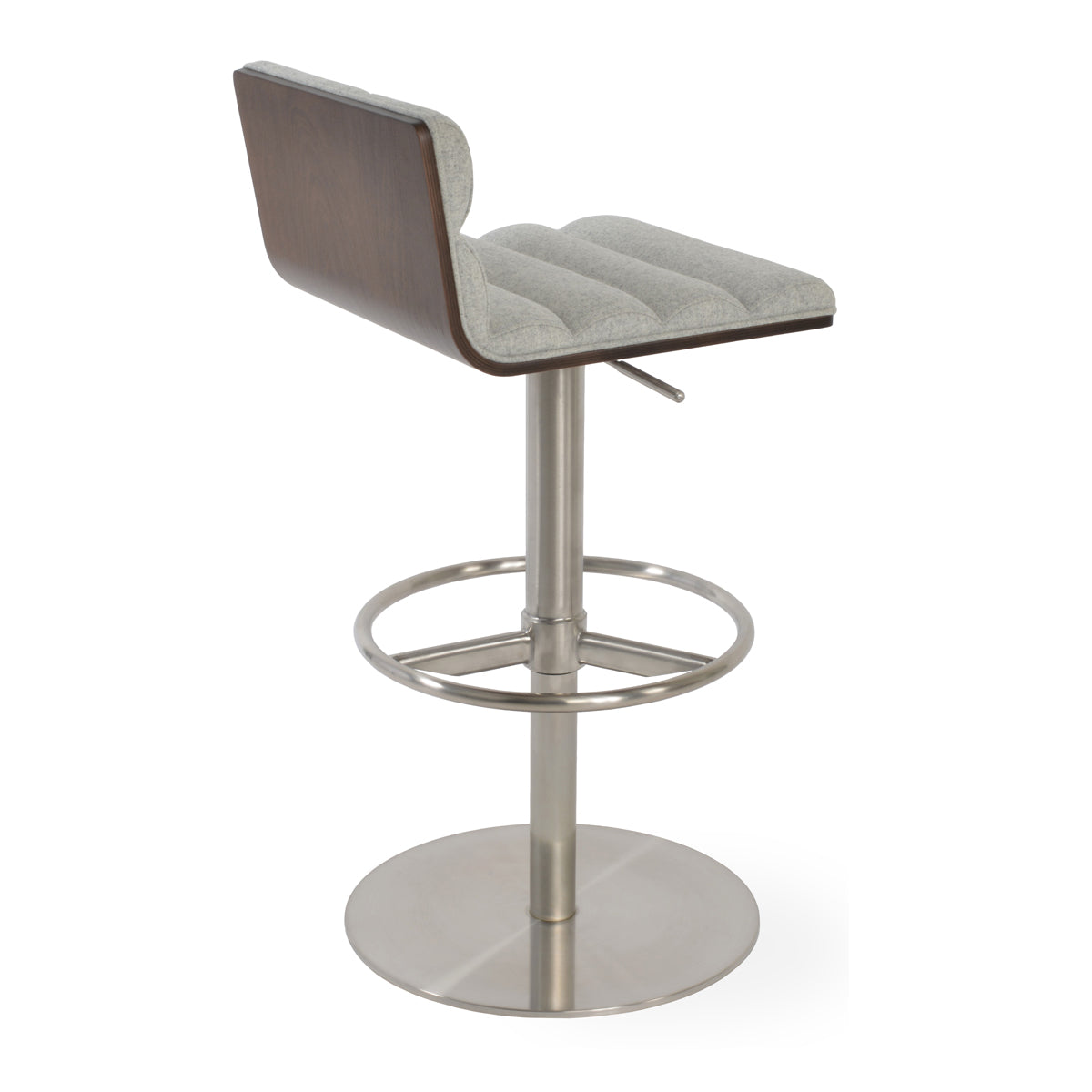 Corona Comfort Piston Stool by SohoConcept, showing back view of corona comfort piston stool in round full footrest/brushed stainless steel/camira blazer silver wool.