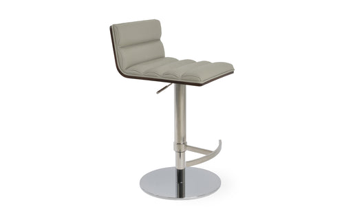 Corona Comfort Piston Stool by SohoConcept - Round T-Footrest, Polished Stainless Steel, Light Grey Leatherette.