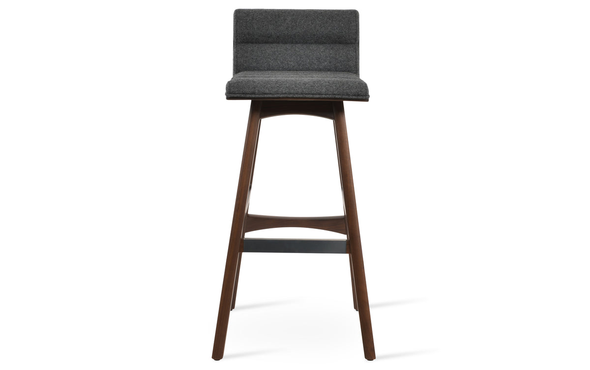 Corona Comfort PR Wood Stool by SohoConcept, showing front view of corona comfort pr wood stool in original american walnut wood/camira blazer dark grey wool.