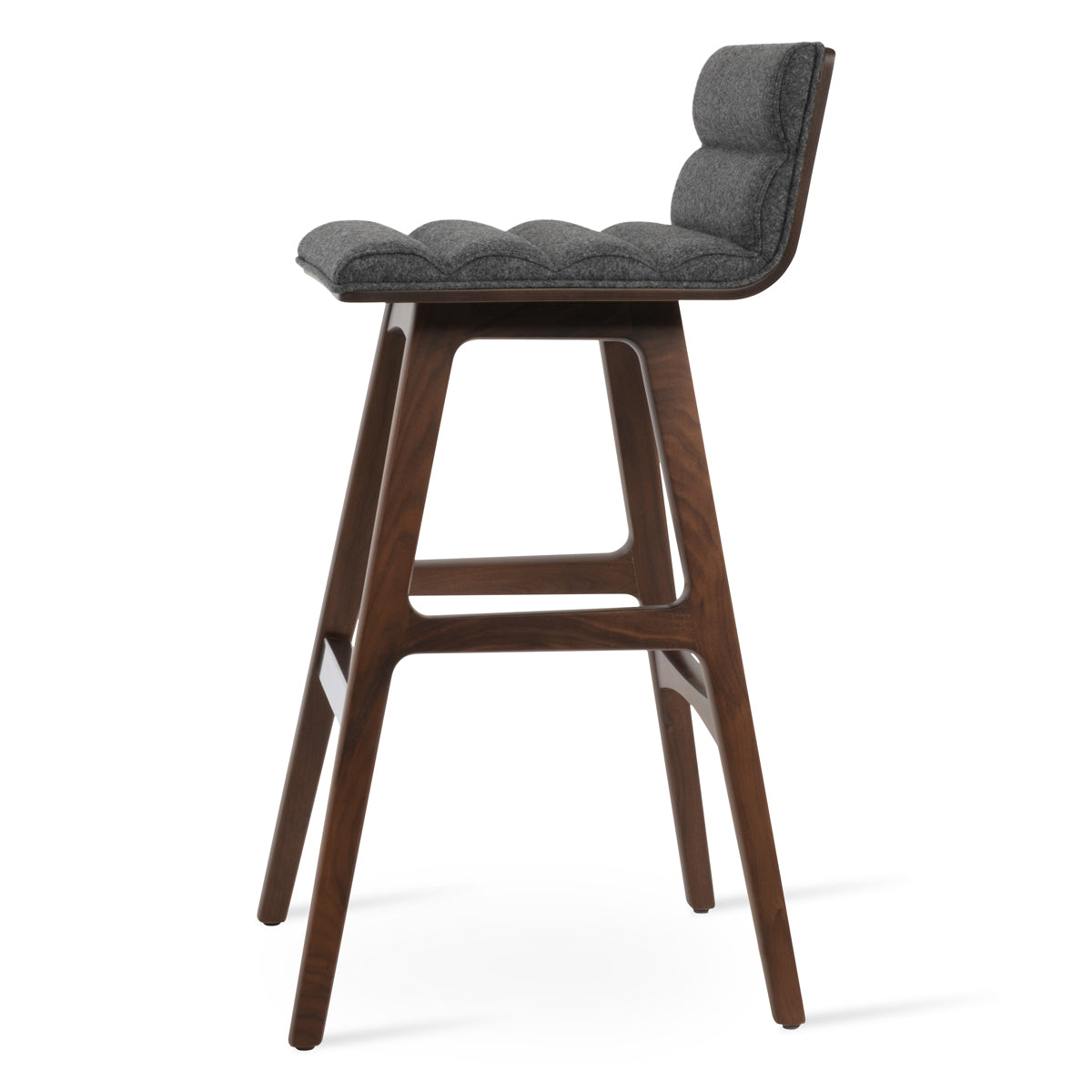 Corona Comfort PR Wood Stool by SohoConcept, showing side view of corona comfort pr wood stool in original american walnut wood/camira blazer dark grey wool.