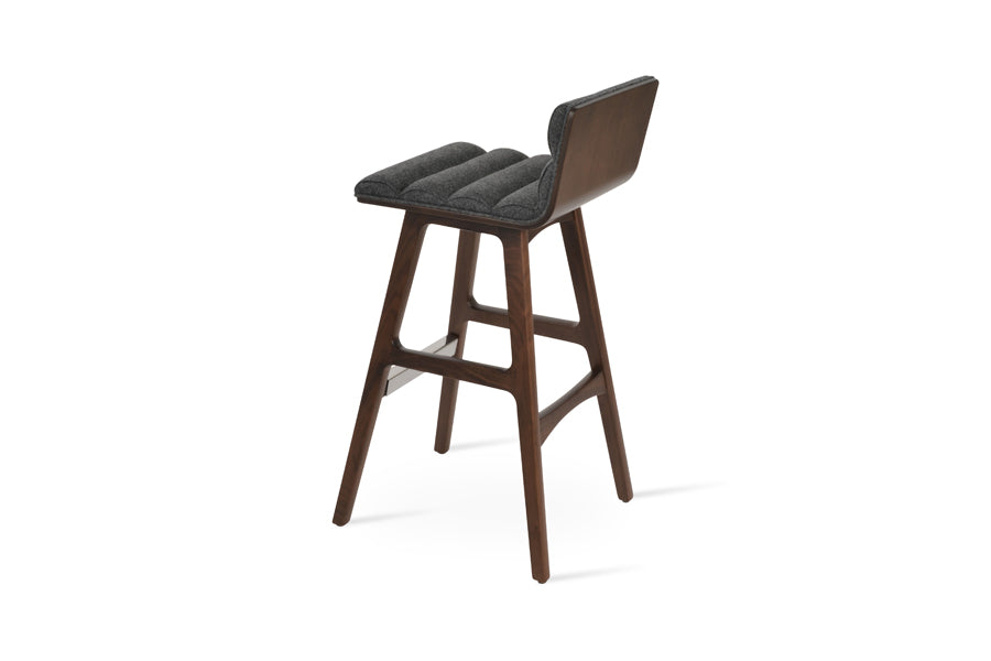 Corona Comfort PR Wood Stool by SohoConcept, showing back view of corona comfort pr wood stool in original american walnut wood/camira blazer dark grey wool.