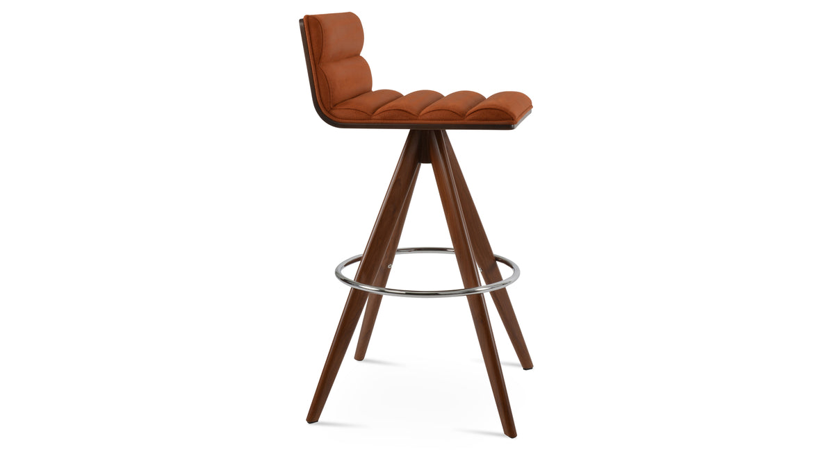 Corona Comfort Pyramid-MW Swivel Stool by SohoConcept, showing side view of corona comfort pyramid-mw swivel stool in walnut veneer steel/nubuck cognac fabric.