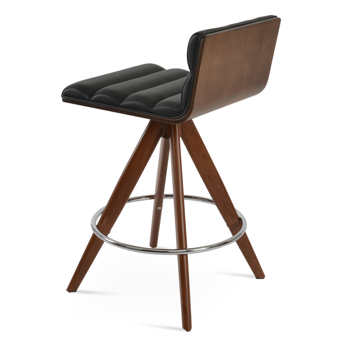 Corona Comfort Pyramid-MW Swivel Stool by SohoConcept, showing back view of corona comfort pyramid-mw swivel stool in walnut veneer steel/black leatherette.