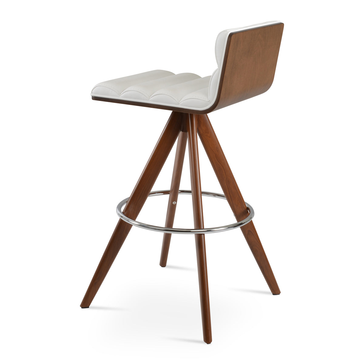 Corona Comfort Pyramid-MW Swivel Stool by SohoConcept, showing back view of corona comfort pyramid-mw swivel stool in walnut veneer steel/white leatherette.