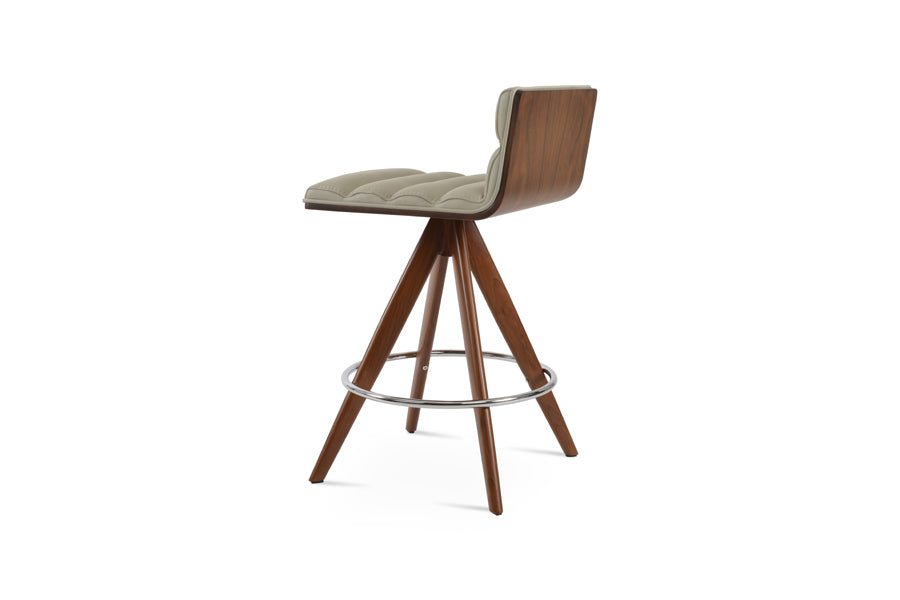 Corona Comfort Pyramid-MW Swivel Stool by SohoConcept, showing back view of corona comfort pyramid-mw swivel stool in walnut veneer steel/light grey leatherette.