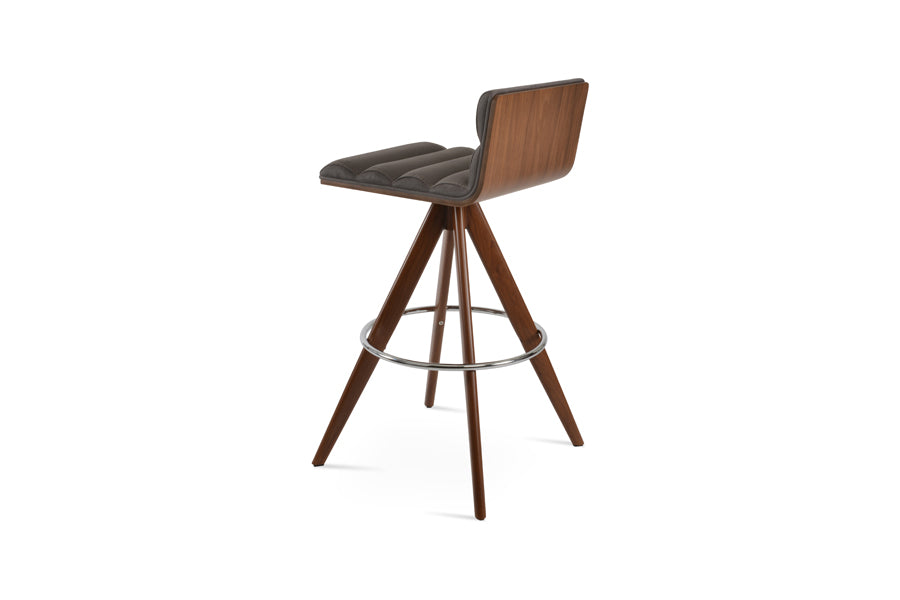 Corona Comfort Pyramid-MW Swivel Stool by SohoConcept, showing back view of corona comfort pyramid-mw swivel stool in walnut veneer steel/nubuck smoke grey fabric.