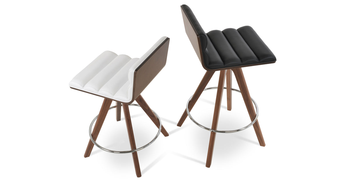 Corona Comfort Pyramid Swivel Stool by SohoConcept, showing different angle views of corona comfort pyramid swivel stools in original american walnut with white mechanism & chrome footrest/black & white leatherette.