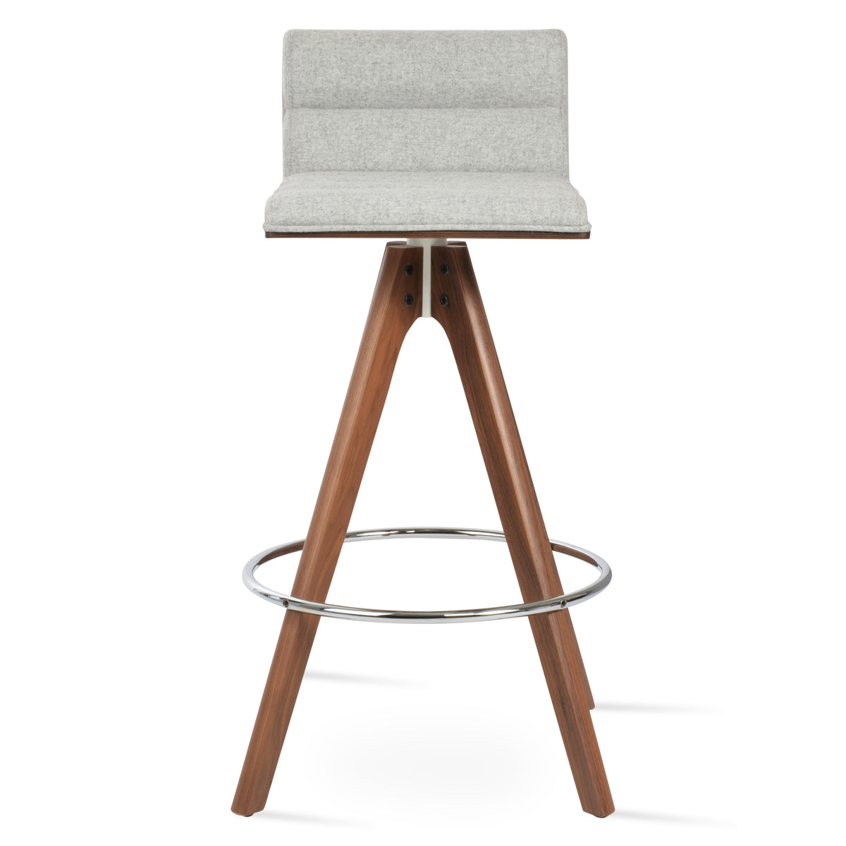 Corona Comfort Pyramid Swivel Stool by SohoConcept, showing front view of corona comfort pyramid swivel stool in original american walnut with white mechanism & chrome footrest/camira blazer silver wool.