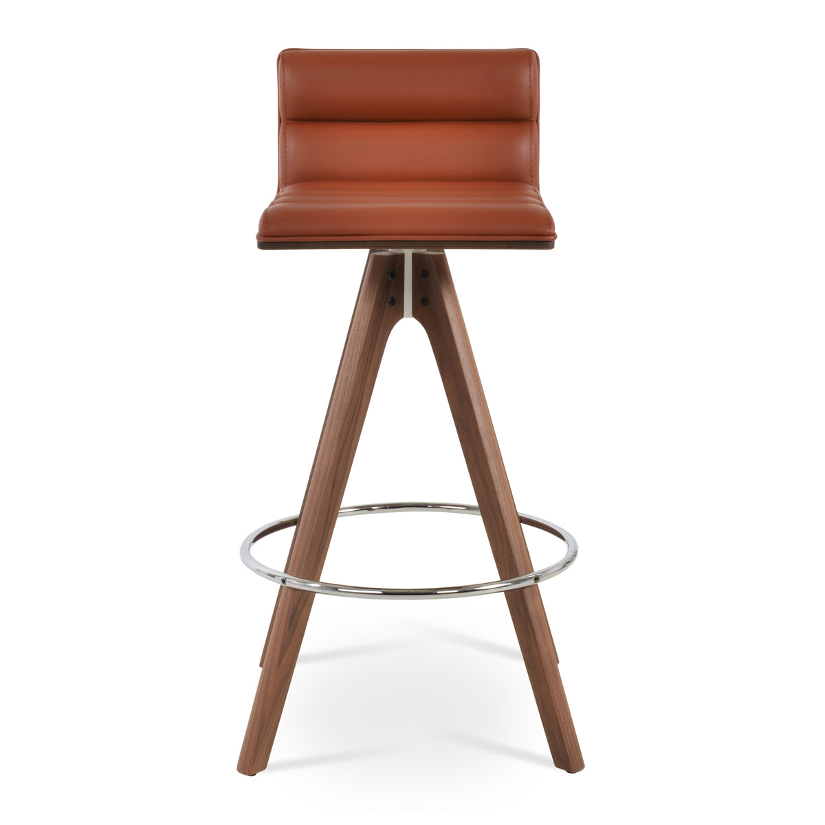Corona Comfort Pyramid Swivel Stool by SohoConcept, showing front view of corona comfort pyramid swivel stool in original american walnut with white mechanism & chrome footrest/cinnamon ppm-fr.