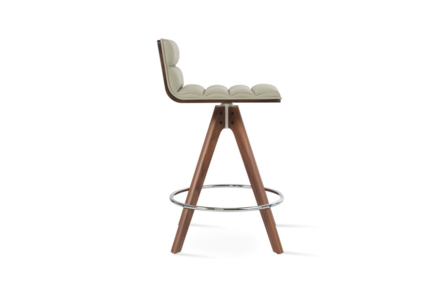 Corona Comfort Pyramid Swivel Stool by SohoConcept, showing side view of corona comfort pyramid swivel stool in original american walnut with white mechanism & chrome footrest/light grey leatherette.
