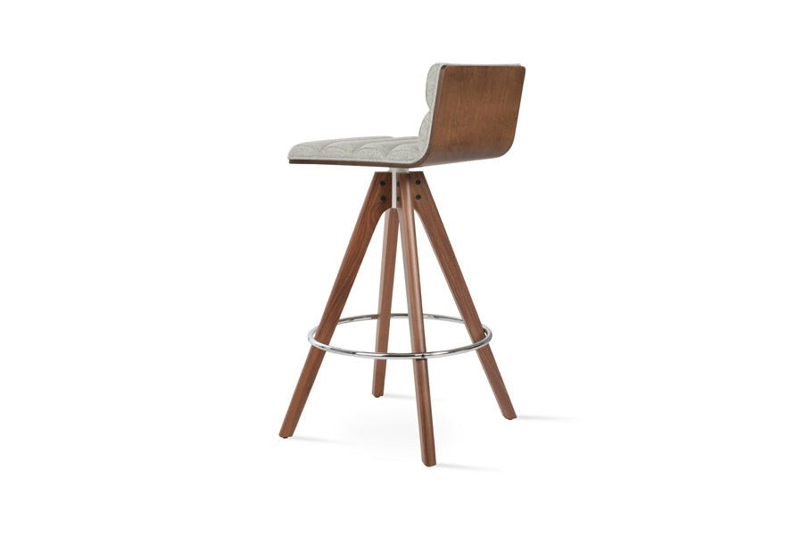 Corona Comfort Pyramid Swivel Stool by SohoConcept, showing back view of corona comfort pyramid swivel stool in original american walnut with white mechanism & chrome footrest/camira blazer silver wool.