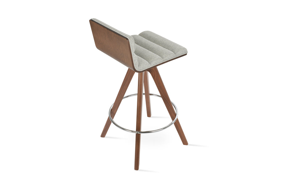 Corona Comfort Pyramid Swivel Stool by SohoConcept, showing back view of corona comfort pyramid swivel stool in original american walnut with white mechanism & chrome footrest/camira blazer silver wool.