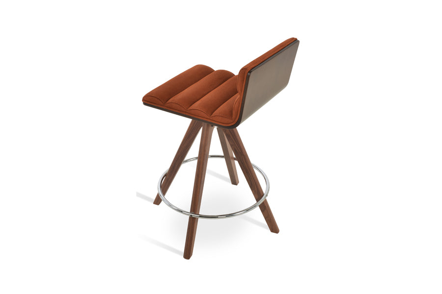 Corona Comfort Pyramid Swivel Stool by SohoConcept, showing back view of corona comfort pyramid swivel stool in original american walnut with white mechanism & chrome footrest/nubuck cognac fabric.