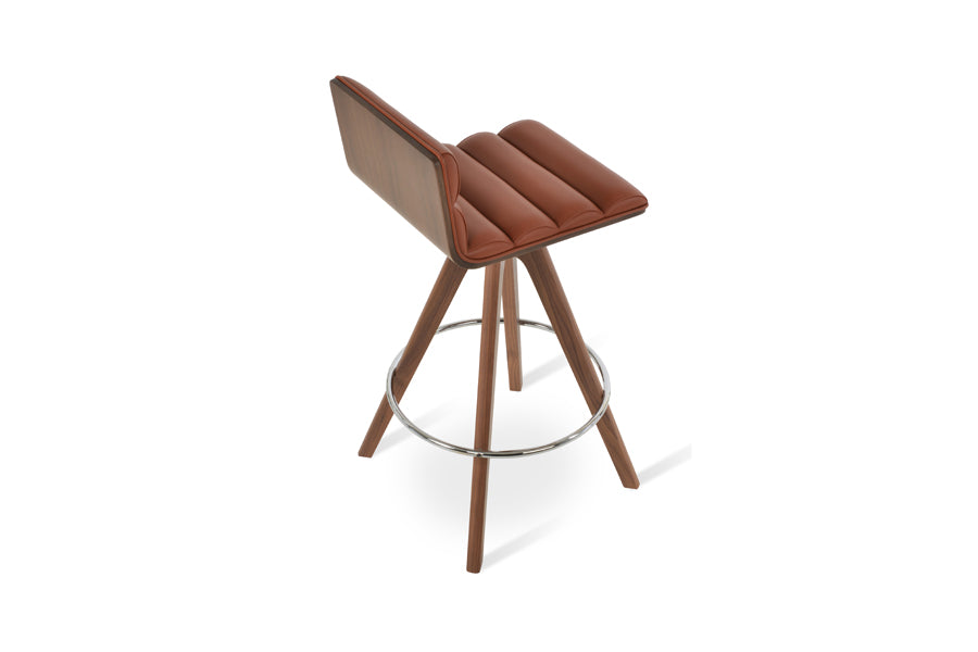 Corona Comfort Pyramid Swivel Stool by SohoConcept, showing back view of corona comfort pyramid swivel stool in original american walnut with white mechanism & chrome footrest/cinnamon ppm-fr.