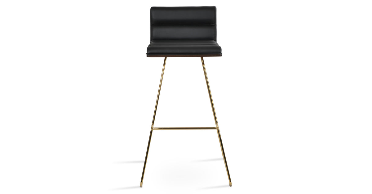 Corona Comfort Wire Stool by SohoConcept, showing front view of corona comfort wire stool in gold plated wire/american walnut veneer plywood/black leatherette.