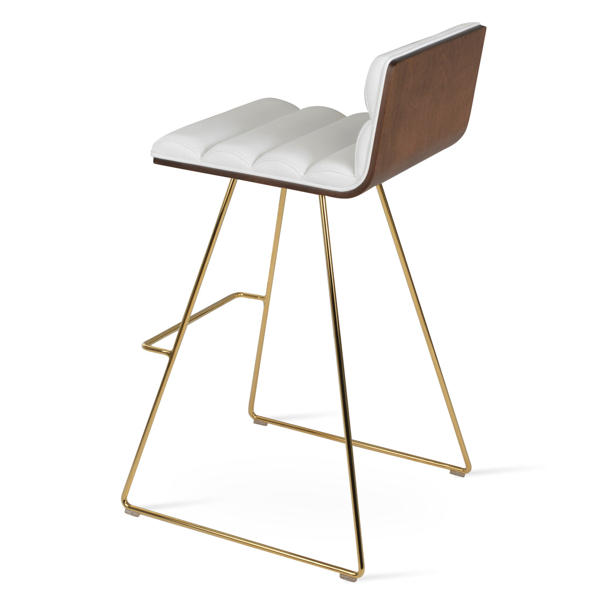 Corona Comfort Wire Stool by SohoConcept, showing back view of corona comfort wire stool in gold plated wire/american walnut veneer plywood/white leatherette.