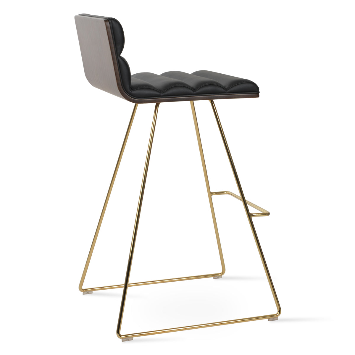 Corona Comfort Wire Stool by SohoConcept, showing side view of corona comfort wire stool in gold plated wire/american walnut veneer plywood/black leatherette.