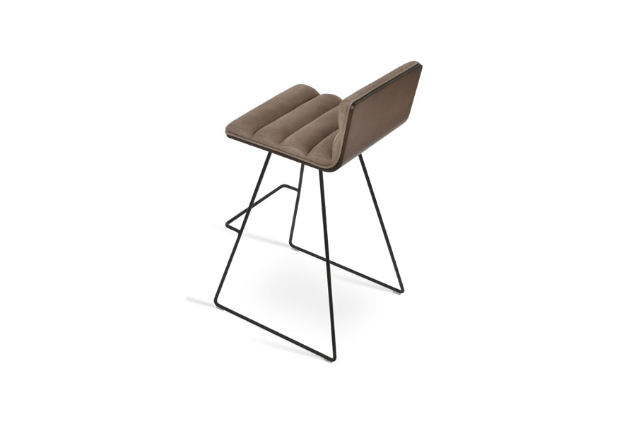 Corona Comfort Wire Stool by SohoConcept, showing back view of corona comfort wire stool in black powder wire/american walnut veneer plywood/nubuck smoke coffee fabric.