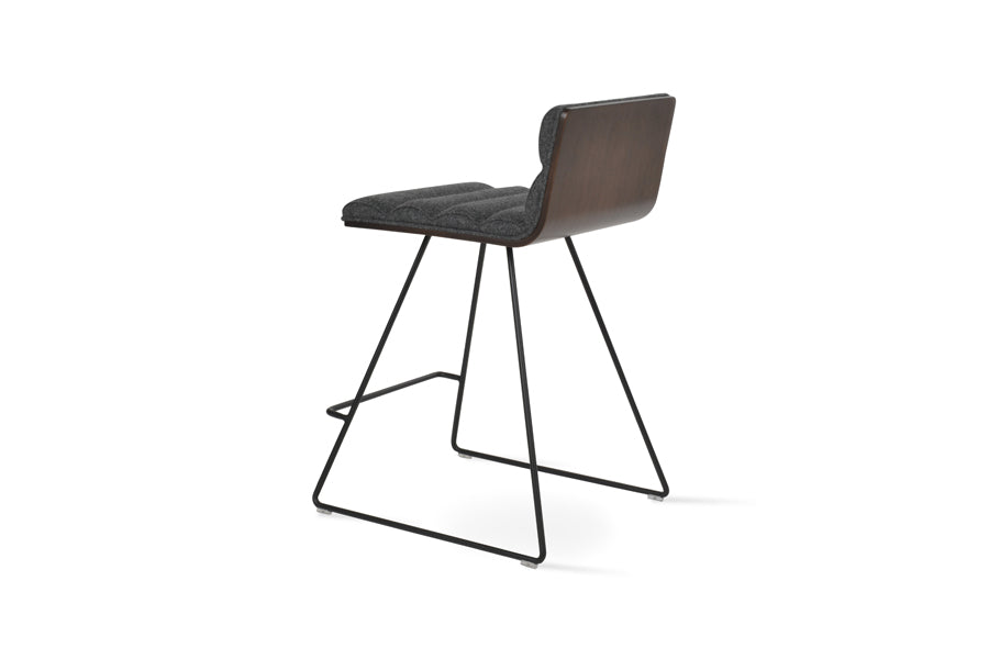 Corona Comfort Wire Stool by SohoConcept, showing back view of corona comfort wire stool in black powder wire/american walnut veneer plywood/camira blazer dark grey wool.