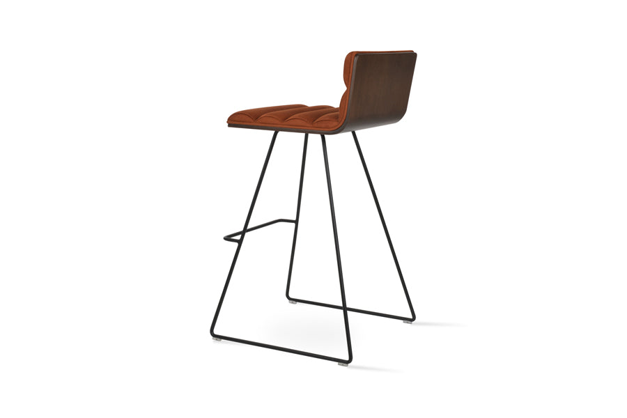 Corona Comfort Wire Stool by SohoConcept, showing back view of corona comfort wire stool in black powder wire/american walnut veneer plywood/nubuck cognac fabric.