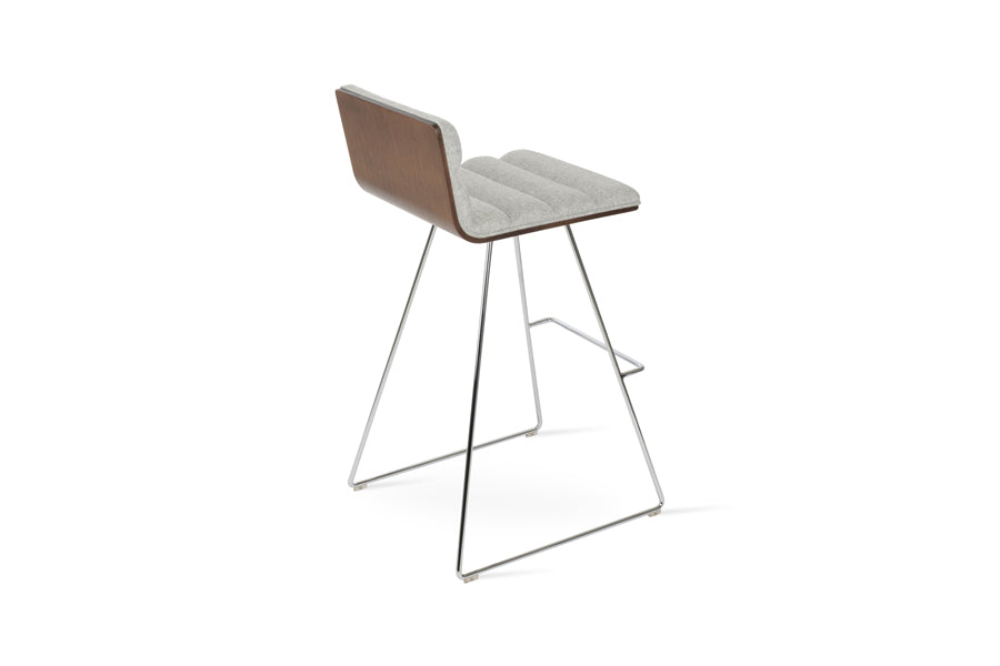 Corona Comfort Wire Stool by SohoConcept, showing back view of corona comfort wire stool in chrome wire/american walnut veneer plywood/camira blazer silver wool.