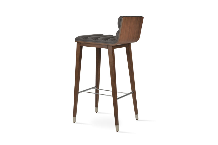 Corona Comfort Wood Stool by SohoConcept, showing back view of corona comfort wood stool in beech walnut wood with chrome ring/nubuck smoke grey fabric.