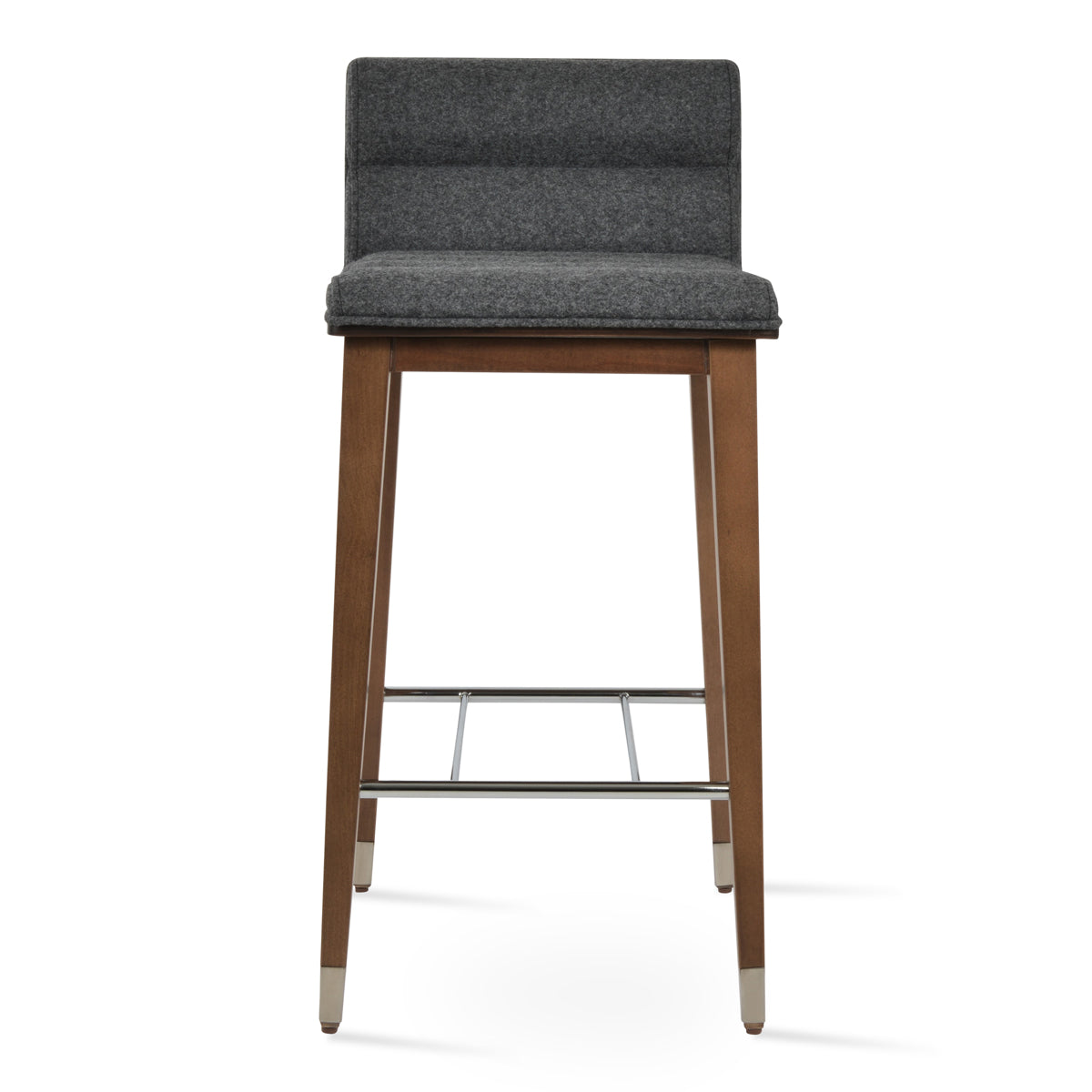 Corona Comfort Wood Stool by SohoConcept, showing front view of corona comfort wood stool in beech walnut wood with chrome ring/camira blazer dark grey wool.
