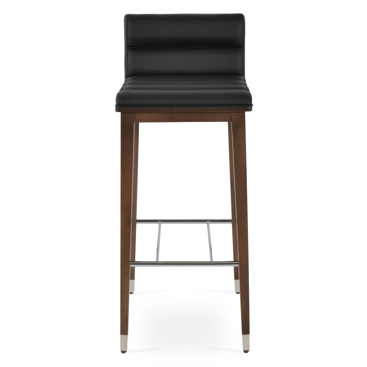 Corona Comfort Wood Stool by SohoConcept, showing front view of corona comfort wood stool in beech walnut wood with chrome ring/black leatherette.