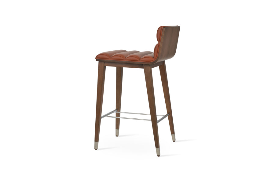 Corona Comfort Wood Stool by SohoConcept, showing back view of corona comfort wood stool in beech walnut wood with chrome ring/cinnamon ppm-fr.