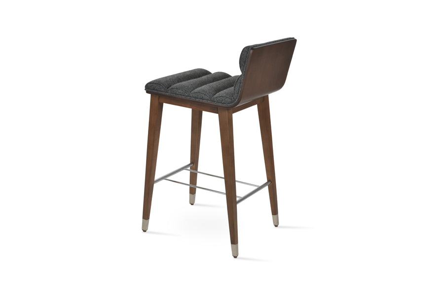 Corona Comfort Wood Stool by SohoConcept, showing back view of corona comfort wood stool in beech walnut wood with chrome ring/camira blazer dark grey wool.