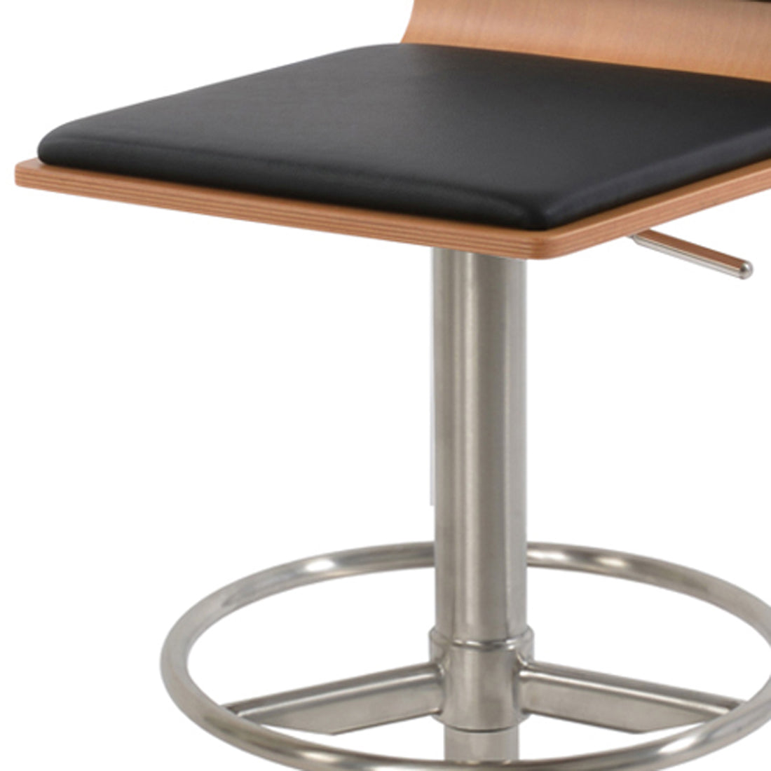 Corona Full Footrest Piston Stool by SohoConcept, showing closeup view of corona full footrest piston stool in brushed stainless steel/natural plywood seat/black leatherette.
