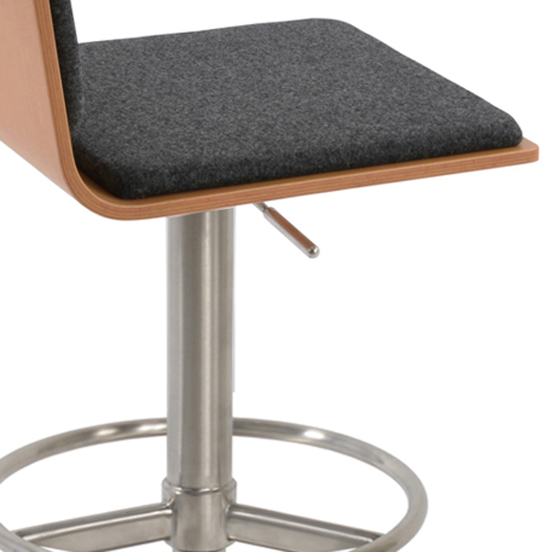 Corona Full Footrest Piston Stool by SohoConcept, showing closeup view of corona full footrest piston stool in brushed stainless steel/natural plywood seat/camira blazer dark grey wool.