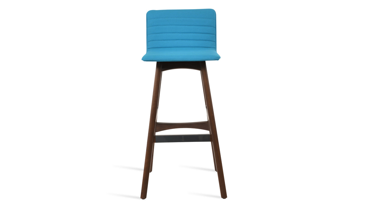 Corona Full Upholstered PR Wood Stool by SohoConcept, showing front view of corona full upholstered pr wood stool in original american walnut wood/camira era turquoise fabric.