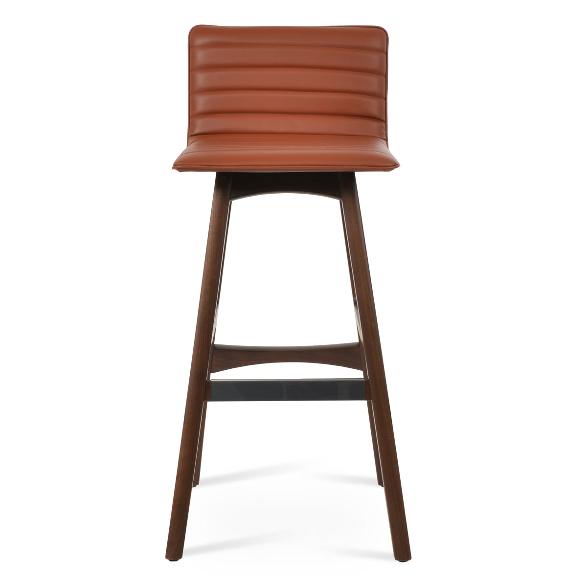 Corona Full Upholstered PR Wood Stool by SohoConcept, showing front view of corona full upholstered pr wood stool in original american walnut wood/cinnamon ppm-fr.