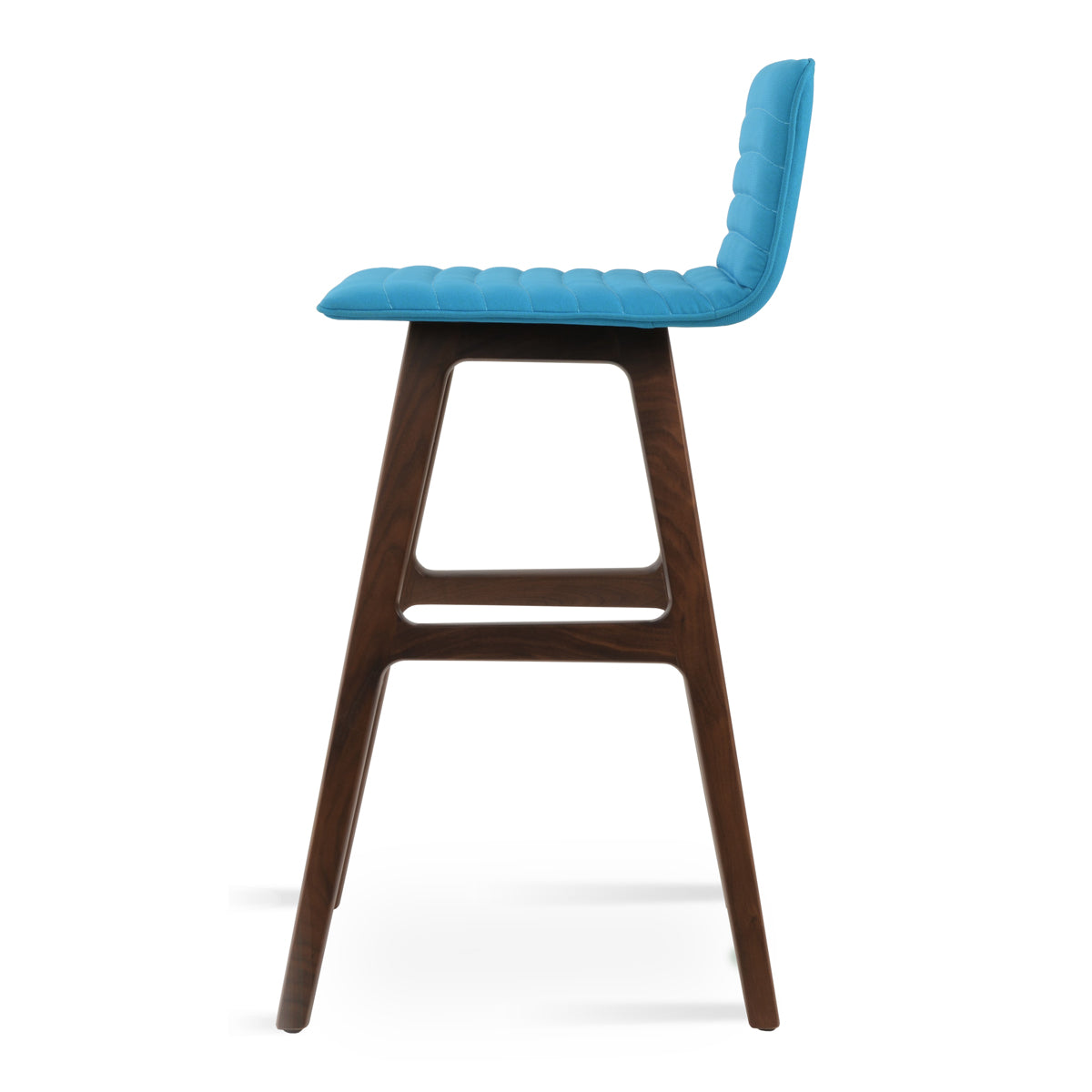 Corona Full Upholstered PR Wood Stool by SohoConcept, showing side view of corona full upholstered pr wood stool in original american walnut wood/camira era turquoise fabric.