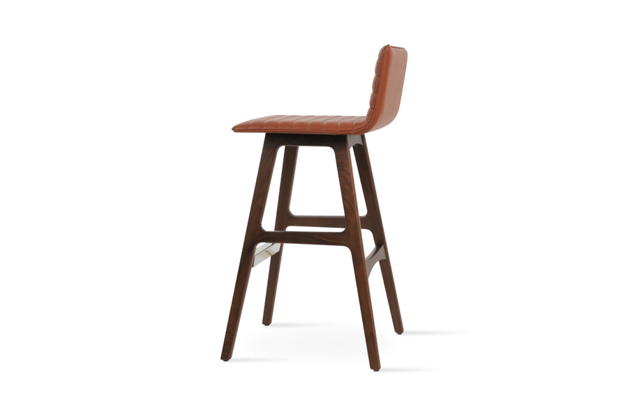 Corona Full Upholstered PR Wood Stool by SohoConcept, showing side view of corona full upholstered pr wood stool in original american walnut wood/cinnamon ppm-fr.