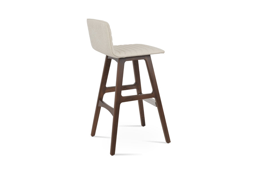 Corona Full Upholstered PR Wood Stool by SohoConcept, showing back view of corona full upholstered pr wood stool in original american walnut wood/boucle off white fabric.
