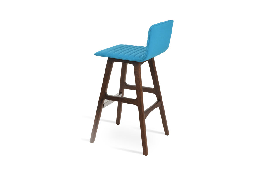 Corona Full Upholstered PR Wood Stool by SohoConcept, showing back view of corona full upholstered pr wood stool in original american walnut wood/camira era turquoise fabric.