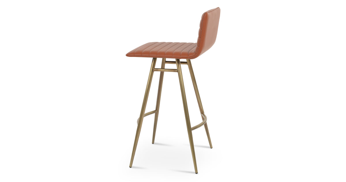 Corona Full Upholstery Galata Stool by SohoConcept, showing side view of corona full upholstery galata stool in brass plated steel/cinnamon ppm-fr.