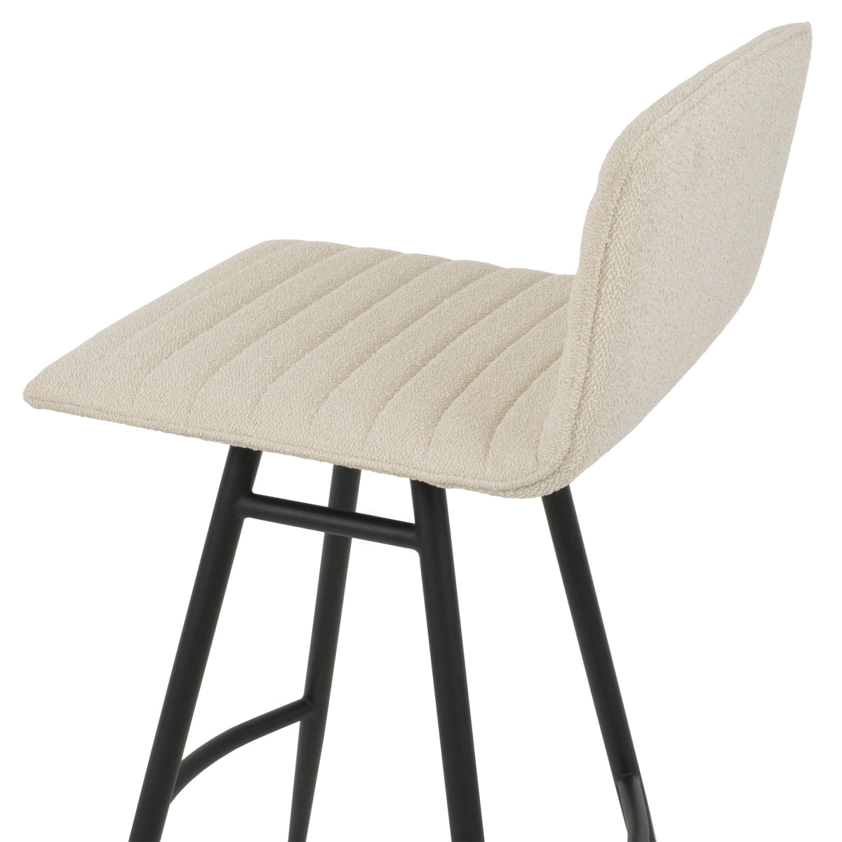 Corona Full Upholstery Galata Stool by SohoConcept, showing closeup view of corona full upholstery galata stool in black powder steel/boucle off white fabric.