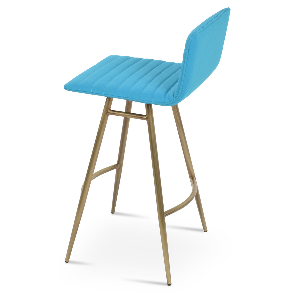 Corona Full Upholstery Galata Stool by SohoConcept, showing side view of corona full upholstery galata stool in brass plated steel/camira era turquoise fabric.