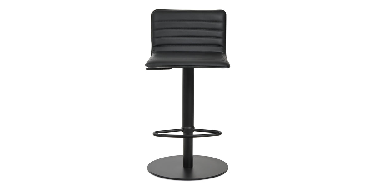 Corona Full Upholstery Half Piston Stool by SohoConcept, showing front view of corona full upholstery half piston stool in round/black stainless steel/black leatherette.