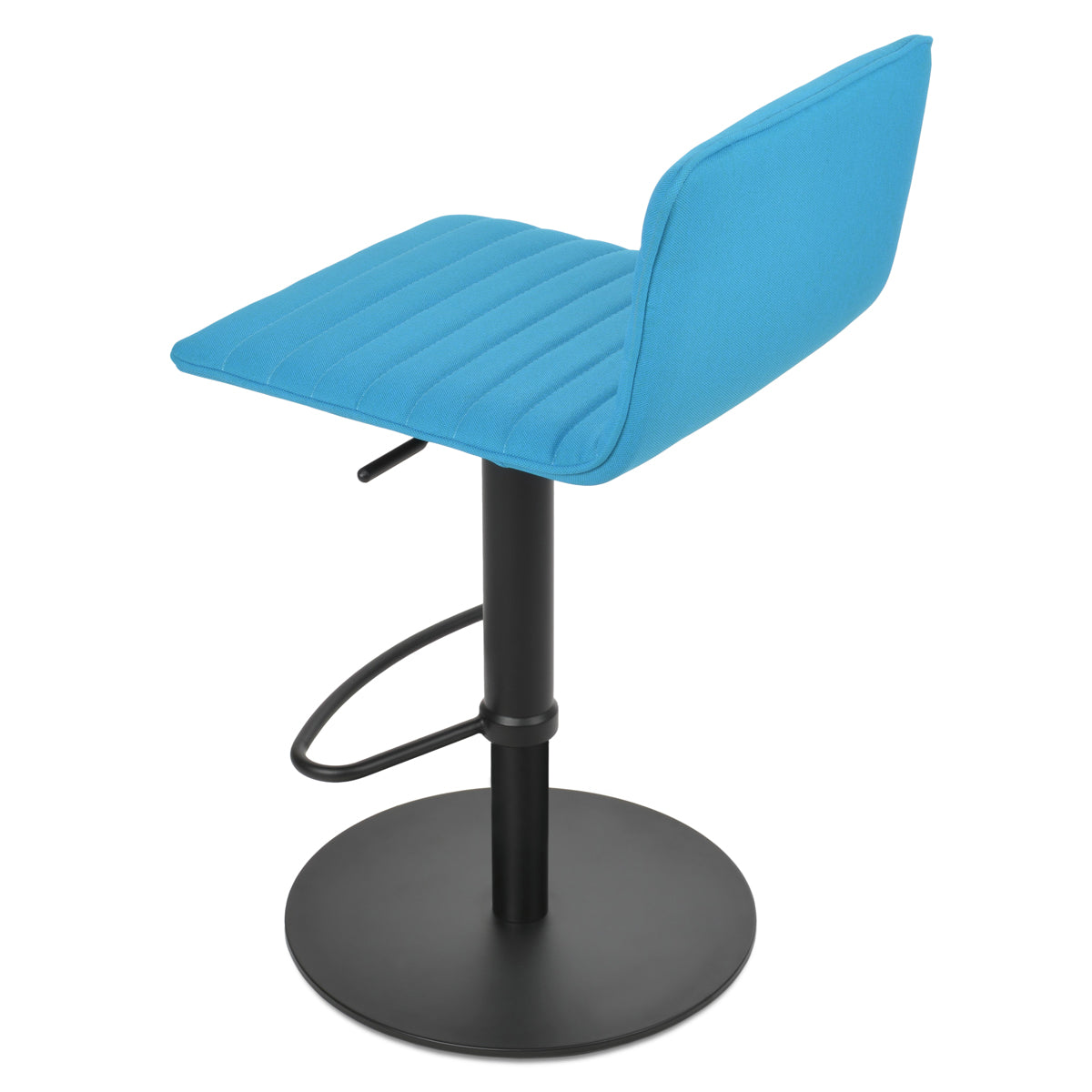 Corona Full Upholstery Half Piston Stool by SohoConcept, showing back view of corona full upholstery half piston stool in round/black stainless steel/camira era turquoise fabric.